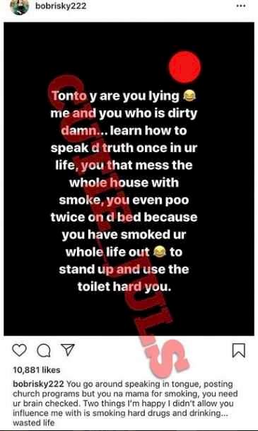 You pooed twice on the bed because you smoked your life out - Bobrisky digs out Tonto's dirty moments