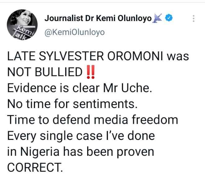 'Evidence is clear' - Kemi Olunloyo says as she shares screenshots, insists Sylvester Oromoni was not bullied (Screenshots)