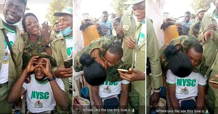 Moment excited female soldier kissed a corps member after he proposed to her at orientation camp (Video)