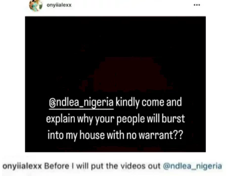 Onyi Alex calls out NDLEA officers for invading her home without an arrest warrant (Video)