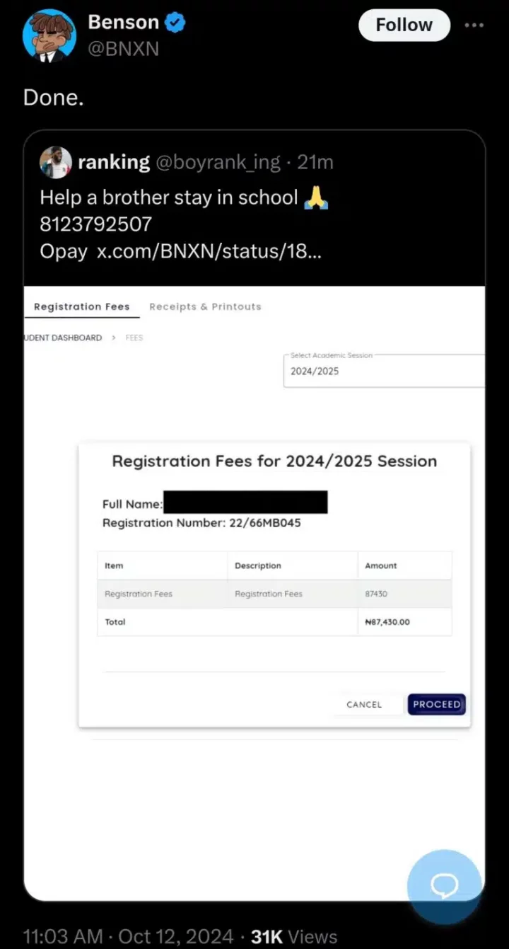 Bnxn clears UNILORIN student's ₦87,430 school fees after online plea