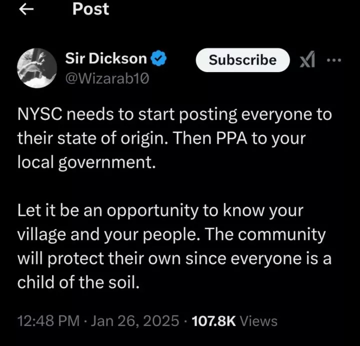 Influencer suggests NYSC post corps members to their state of origin, LGA as PPA