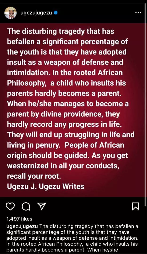 'Youths have now adopted insult as a weapon of defense' - Ugezu Ugezu