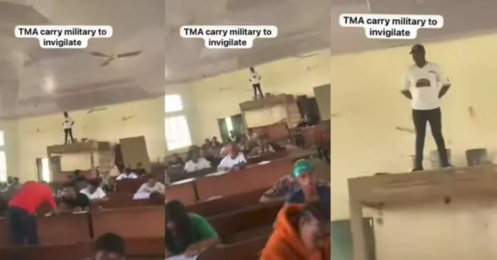 "Na to go submit" - Invigilator mounts very high table to monitor students writing exams