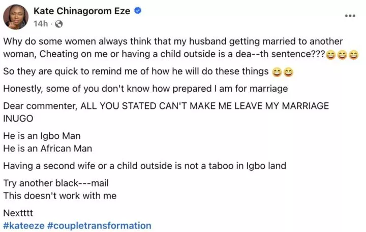 Why I won't leave my husband if he cheats, marries new wife - Kate Eze