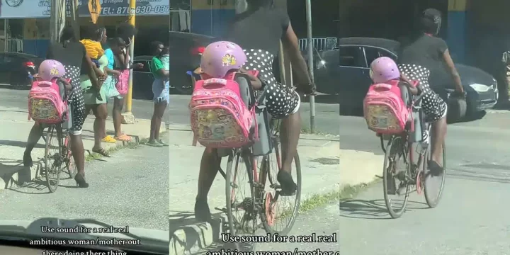 Jamaican supermom raises eyebrows online as she takes daughter to school on a bicycle while wearing high heels