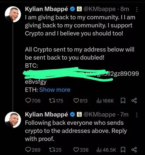 Kylian Mbappe's account suffered a likely cyber attack -- Image credit: X screenshot