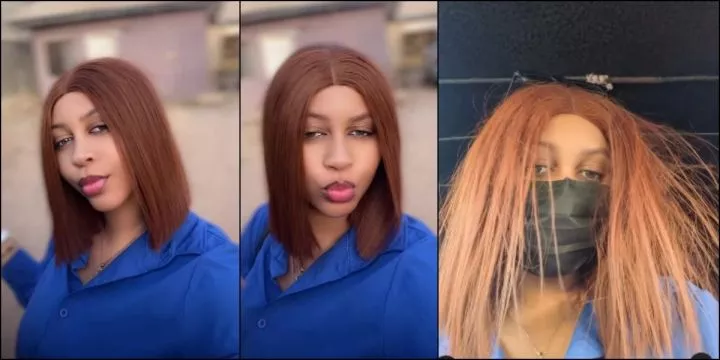 Lady displays what happened to her bone straight wig after entering keke