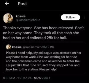 Lady seeks help as police arrest her friend on her way home from work, seize her cash, demand ₦25k bail