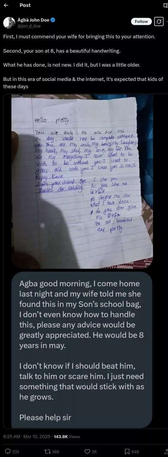 Father discovers love letter in his 8-year-old child's bag, seeks advice