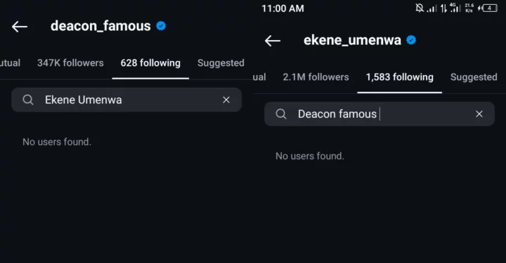 Alleged reason for Deacon Famous and Ekene Umenwa's Instagram unfollow