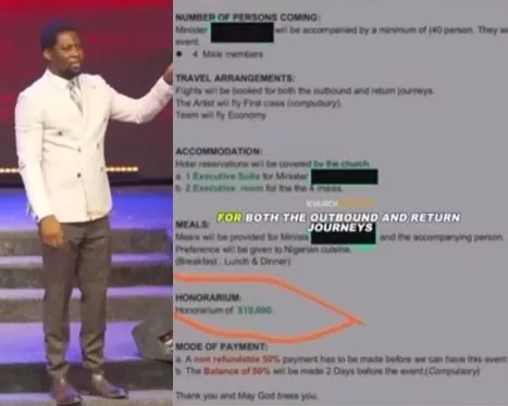 First class ticket, executive hotel rooms, Honorarium $10, 000 - Cleric Femi Lazarus shares purported invoice a gospel artiste sent to a church for services (video)