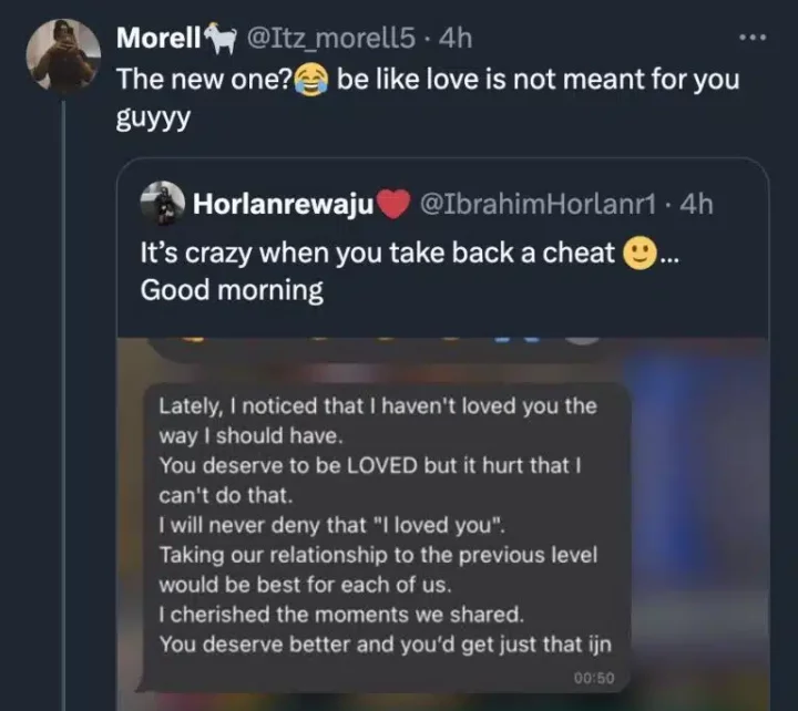 Man in pain as cheating girlfriend dumps him, returns to her ex