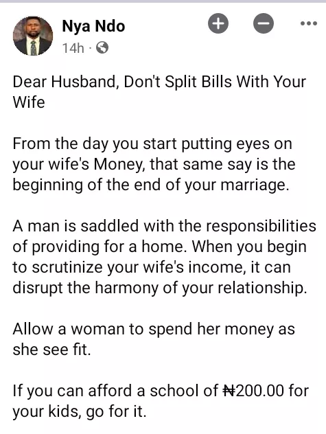 The day you start putting eyes on her money is the beginning of the end of your marriage - Nigerian relationship coach advises men not to split bills with their wives