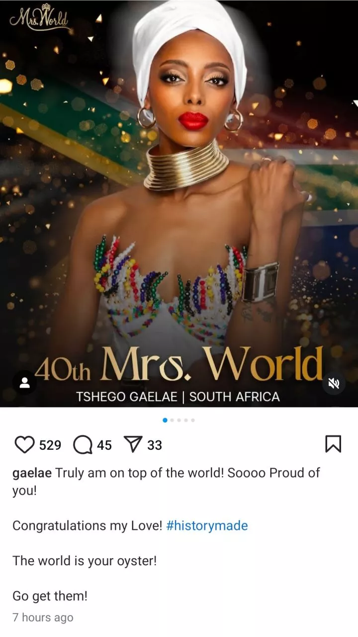 South African model makes history as she becomes first Black woman to win Mrs World in its 40 years history (video)