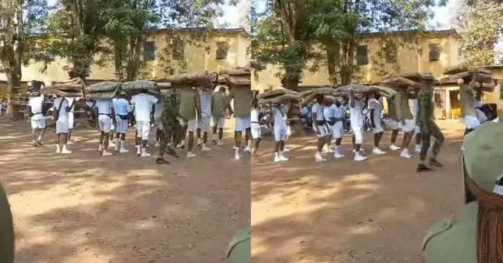 Moment soldiers make corpers march with mattresses on their heads for dodging morning parade