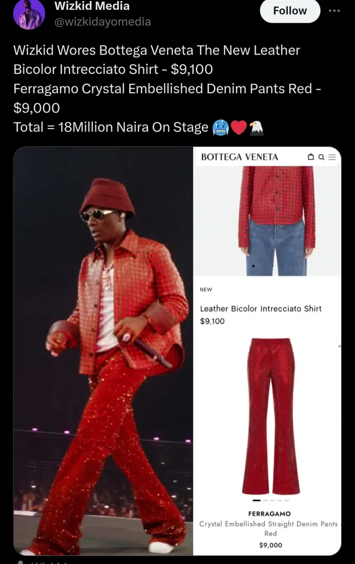 'Expensive shit' - Wizkid rocks Bottega Veneta shirt, Ferragamo denim pants worth 18 million naira on stage