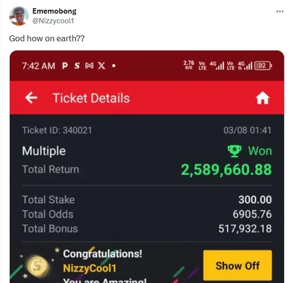 Man wins N2.5M bet few days after crying out over hunger