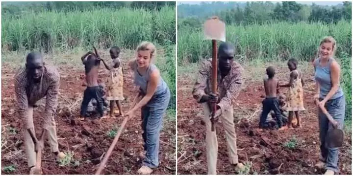Oyinbo lady flies to Africa to meet farmer in village she fell in love with; it stuns many