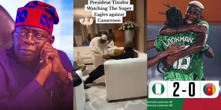 Moment President Tinubu and aides celebrate as Nigeria's Super Eagles score against Cameroon