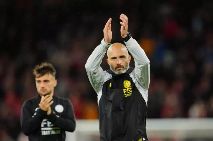 FILE - Leicester's head coach Enzo Maresca applauds fans at the end of the English League Cup third round soccer match between Liverpool and Leicester City at the Anfield stadium in Liverpool, England, Wednesday, Sept. 27, 2023. There is unprecedented managerial upheaval in the English Premier League. Five of the top 11 teams potentially will have new coaches at the start of next season and another of them changed managers just three months ago. (AP Photo/Jon Super, File)