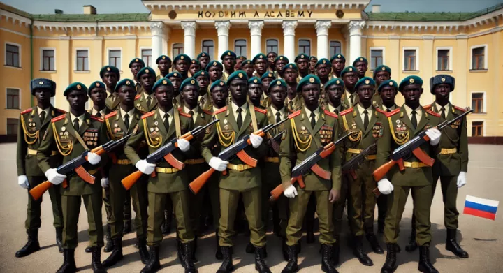 An AI image of a group of African students wearing Russian military uniforms, holding barrels of guns.