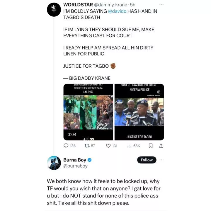 This is not how to handle differences - Burna Boy slams Dammy Krane for calling for Davido?s arrest