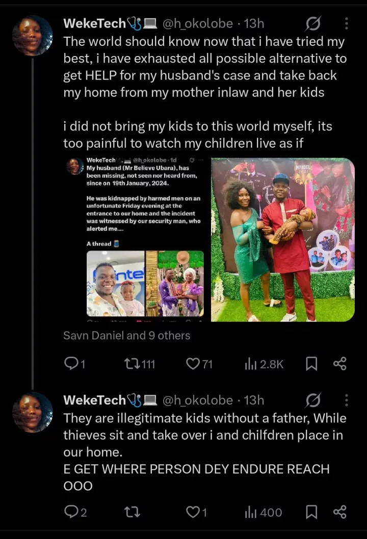 Woman searching for missing husband cries out as mother-in-law takes over house