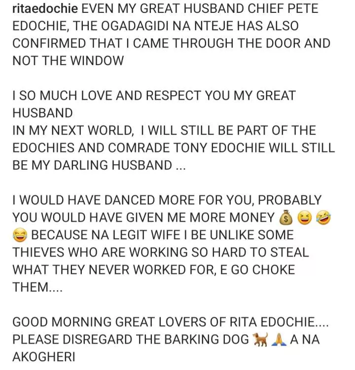 'Even Pete Edochie has confirmed that I came through the door not the window unlike some thieves
