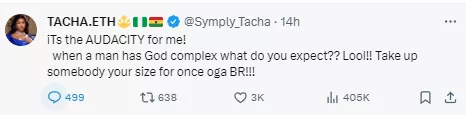 Tacha reacts after Davido liked a tweet trolling her because she condemned him for bullying