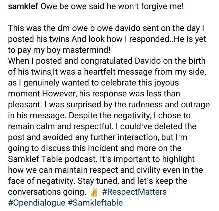 Samklef leaks chat with Davido to show how 'rude' he was to him
