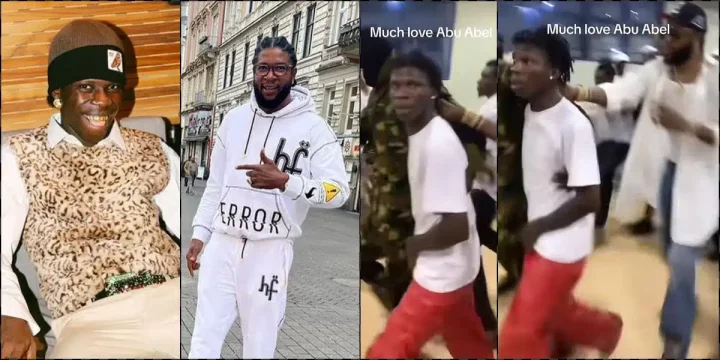 "Poor man pikin go think say na bouncer" - Reactions as Abu Abel protects Seyi Vibez at event