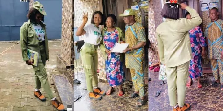 "Thanks to my parents" - Lady marches like soldier to congratulate parents after NYSC, salutes, and hands over her certificate