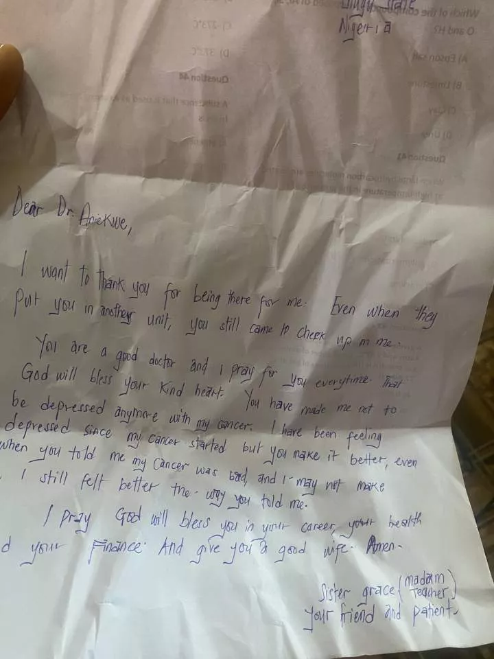 Nigerian doctor shares heartwarming letter his patient left behind for him before she passed away