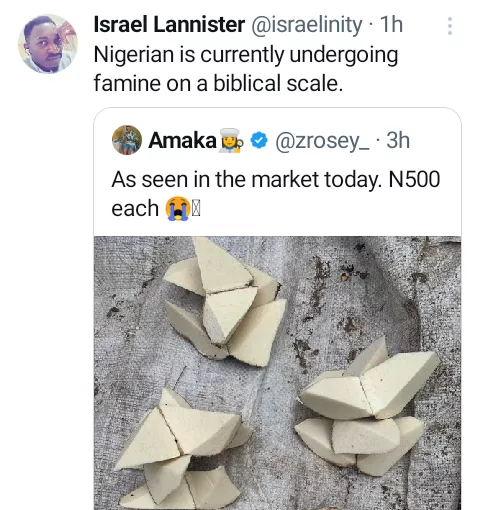 Hardship: Resilience is both our greatest strength and weakness - Nigerians react to sale of raw yam slices in market