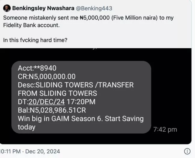 'In this hard time?' - Man laments, returns N5M mistakenly sent to his bank