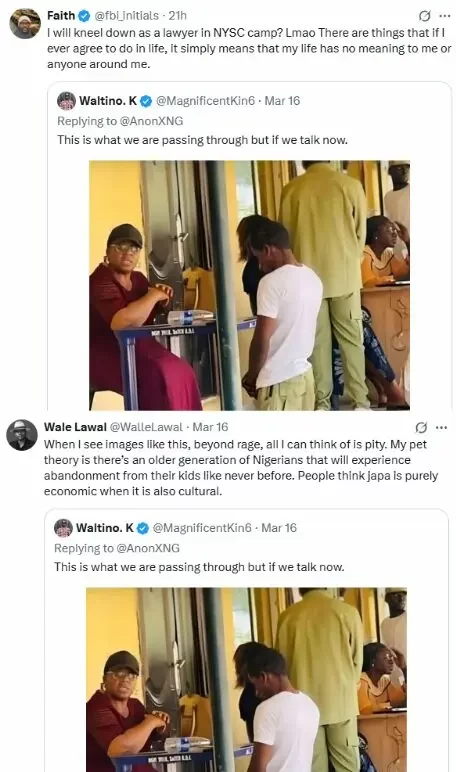 'This is oppression' - Viral photo of NYSC corper kneeling before official sparks public outrage