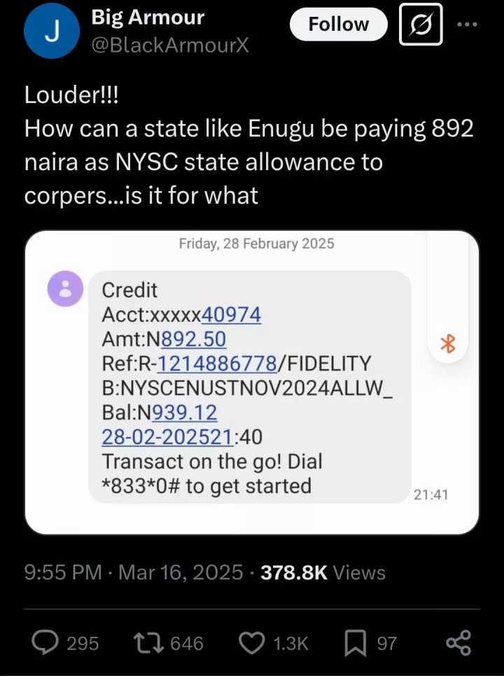 Corps member calls out Enugu state government for paying him ₦892 as NYSC allowance