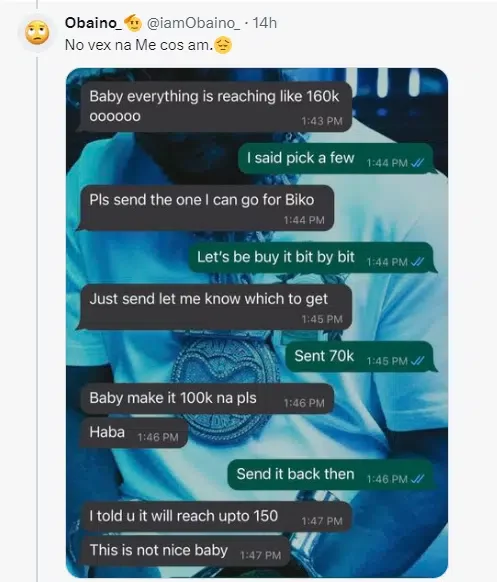 Man rants as he leaks chat with unappreciative girlfriend after sending her N70K out of N160K for makeup items