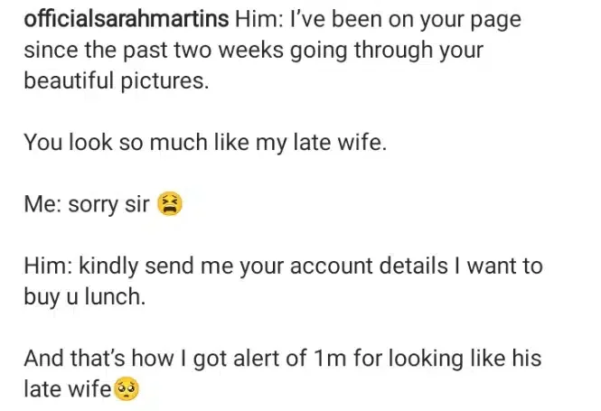 Sarah Martins shares moment man gifts her N1 million for looking like his late wife