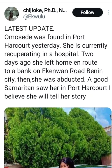 Pregnant woman found in Port Harcourt a day after she was reportedly abducted in Edo