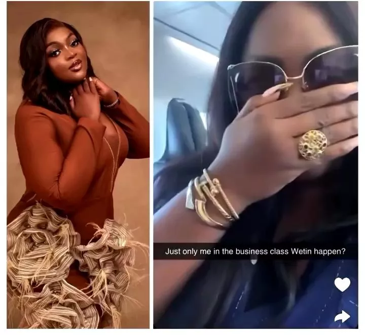 "What happened?" Eniola Badmus queries as she reveals she was the only passenger in business class during a recent trip by air.