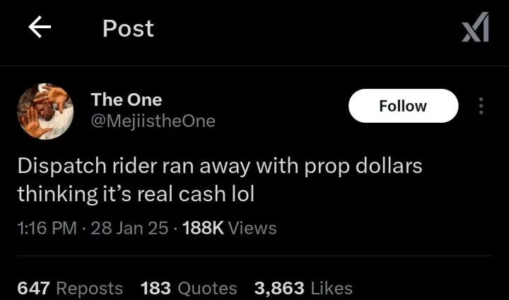 Singer rants as dispatch rider flees with prop dollars meant for music video, mistakes them for real money