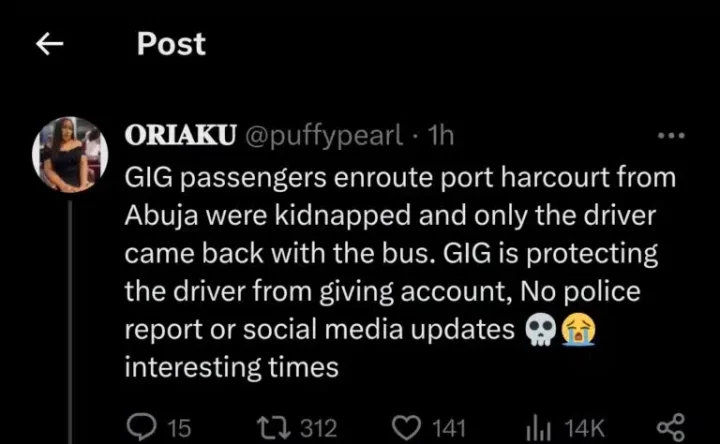 GIG Motors passengers allegedly kidnapped on journey from Port Harcourt to Abuja, driver returns alone