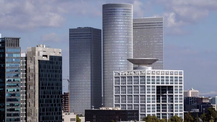 The Azrieli Towers in Tel Aviv with the Israeli defence ministry in the foreground.