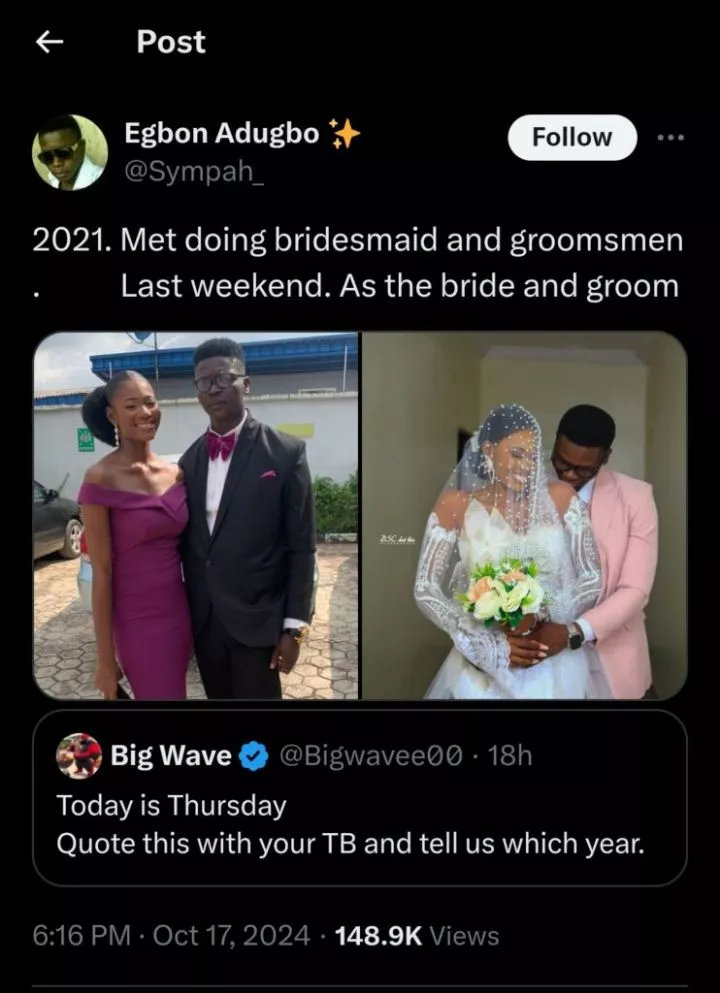 Man shares throwback from groomsman to groom with same bridesmaid