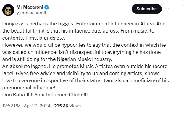 Mr Macaroni defends Don Jazzy's reputation following Wizkid's controversial remark