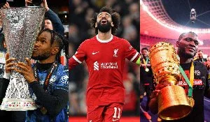 A photo collage of Ademola Lookman, Mo Salah and Victor Boniface