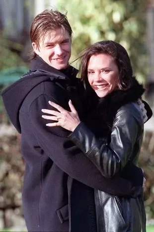 David Beckham and Victoria Beckham after announcing their engagement in 1998.