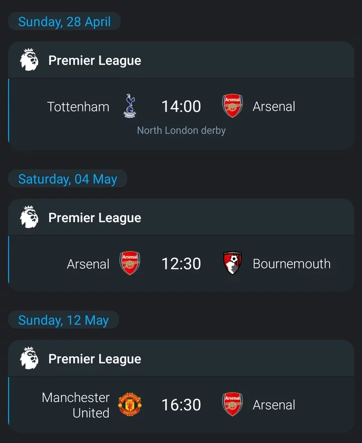 Premier League: Check Out Arsenal's Last Four Games Of The Season